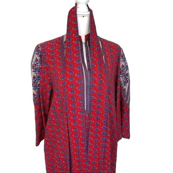 Ramona Rull Maxi Dress Vintage Red Blue Pattern Cotton Pockets Belt Puff Sleeves - Picture 5 of 12